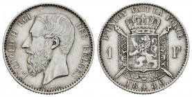 Bélgica. Leopold II. 1 franc. 1886. (Km-28.1). Ag. 4,95 g. Leyenda en francés. MBC. Est...20,00.