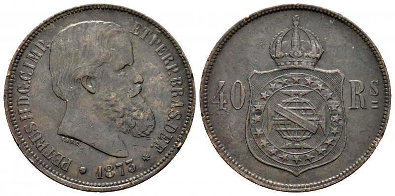 Brasil. D. Pedro II. 40 reis. 1873. (Km-479). Ae. 11,82 g. Golpecitos en el cant...