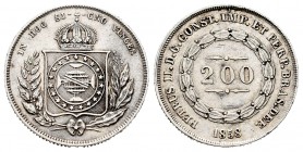 Brasil. D. Pedro II. 200 reis. 1858. (Km-466). Ag. 2,54 g. Limpiada. Escasa. MBC+. Est...20,00.