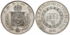 Brasil. D. Pedro II. 1000 reis. 1865. (Km-465). Ag. 12,71 g. Rayas. Brillo original. EBC+. Est...30,00.