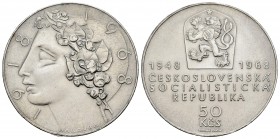 Checoslovaquia. 20 korun. 1968. (Km-65). Ag. 19,96 g. 50 aniversario de Checoslovaquia y 20 aniversario de la República. SC. Est...25,00.