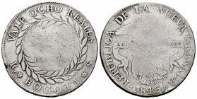 Colombia. 8 reales. 1846. Bogotá. RS. (Km-98). (Restrepo-194.15). Ag. 23,25 g. Golpes en el canto. Escasa. BC+. Est...75,00.