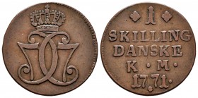 Dinamarca. Christian VII. 1 skilling. 1771. (Km-616). Ae. 10,55 g. MBC+. Est...30,00.