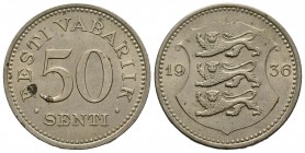 Estonia. 50 senti. 1936. (Km-18). Cu-Ni. 7,54 g. Pequeñas manchas. EBC+. Est...15,00.