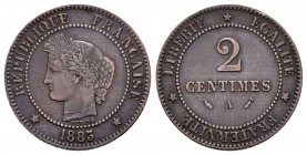 Francia. 2 centimes. 1883. París. A. (Km-827.1). Ae. 1,89 g. MBC+. Est...18,00.