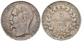 Francia. Louis Napoleón. 5 francos. 1852. París. A. (Km-773.1). (Gad-726). Ag. 24,77 g. MBC-. Est...25,00.