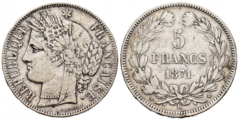 Francia. III República. 5 francs. 1871. Burdeos. K. (Km-818.2). (Gad-742). Ag. 2...