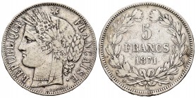 Francia. III República. 5 francs. 1871. Burdeos. K. (Km-818.2). (Gad-742). Ag. 24,73 g. Escasa. MBC-. Est...45,00.