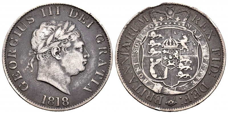 Gran Bretaña. George III. 1/2 crown. 1818. (Km-672). Ag. 13,60 g. Golpecitos en ...