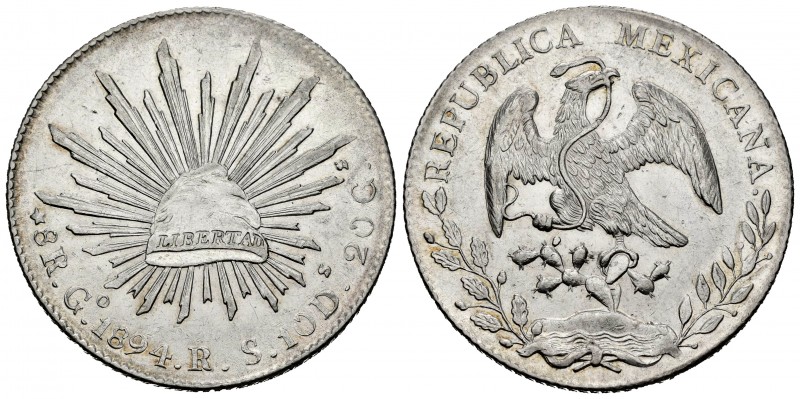 México. 8 reales. 1894. Guanajuato. RS. (Km-377.8). Ag. 27,08 g. Parte de brillo...