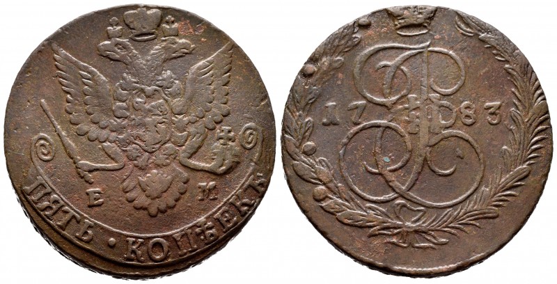 Rusia. Catherine II. 5 kopecks. 1783. Ekaterinburg. EM. (Km-C59.3). (Bitkin-633)...