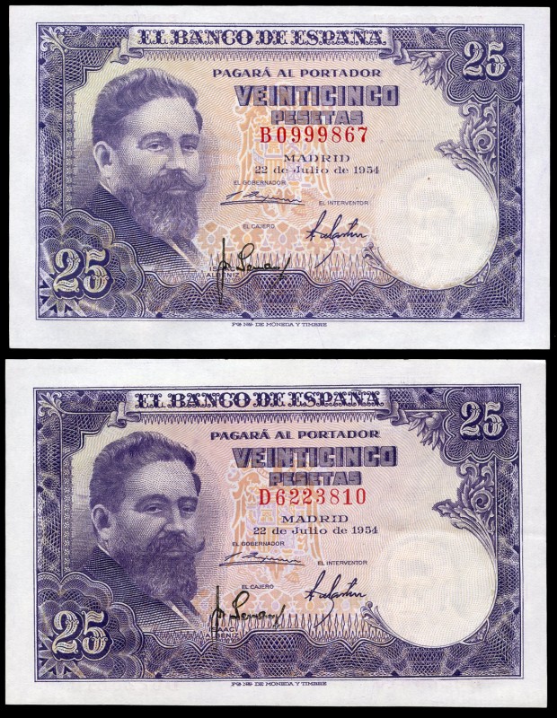 25 pesetas. 1954. 22 de julio, Isaac Albéniz. Lote de 4 billetes con series B, D...