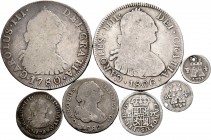Lote de 7 monedas de diferentes valores y cecas. 1/4 Real Potosí 1798, 1/4 Real México 1799, 1/2 Real 1769 Madrid, 1/2 Real 1782 México F.M., 1 Real 1...
