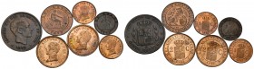 Lote de 7 monedas de cobre del Centenario, 1 céntimo 1870, 1912 (2), 2 céntimos 1870, 1912 (2) y 5 céntimos 1879. A EXAMINAR. MBC-/SC-. Est...70,00....
