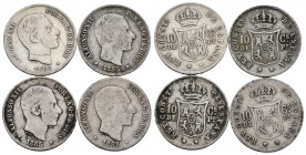 Lote de 4 monedas de Alfonso XII. 10 centavos de peso, Manila. 1885. Ag. A EXAMINAR. RC/MBC-. Est...50,00.