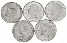 Conjunto de 5 monedas de 1 peseta, 1891, 1899, 1900, 1901 y 1903. A EXAMINAR. MBC/EBC-. Est...75,00.