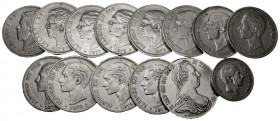 Lote de 14 monedas de 5 pesetas (12), 50 centavos 1885 y 1 Taler austriaco de 1780 (reproducción). A EXAMINAR. BC+/MBC-. Est...240,00.