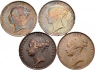 Lote de 4 monedas de Gran Bretaña, 1 Penny 1844, 1853, 1854 y 1855. Ae. A EXAMINAR. BC+/MBC. Est...70,00.
