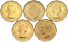 Lote de 5 monedas de Gran Bretaña, 3 Pence 1937, 1939, 1958, 1959 y 1960. Cu-Ni. A EXAMINAR. SC-/SC. Est...40,00.
