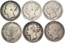 Lote de 6 monedas de Gran Bretaña, 1 Shilling 1868, 1875, 1877, 1878, 1881 y 1886. Ag. A EXAMINAR. BC+/MBC. Est...80,00.