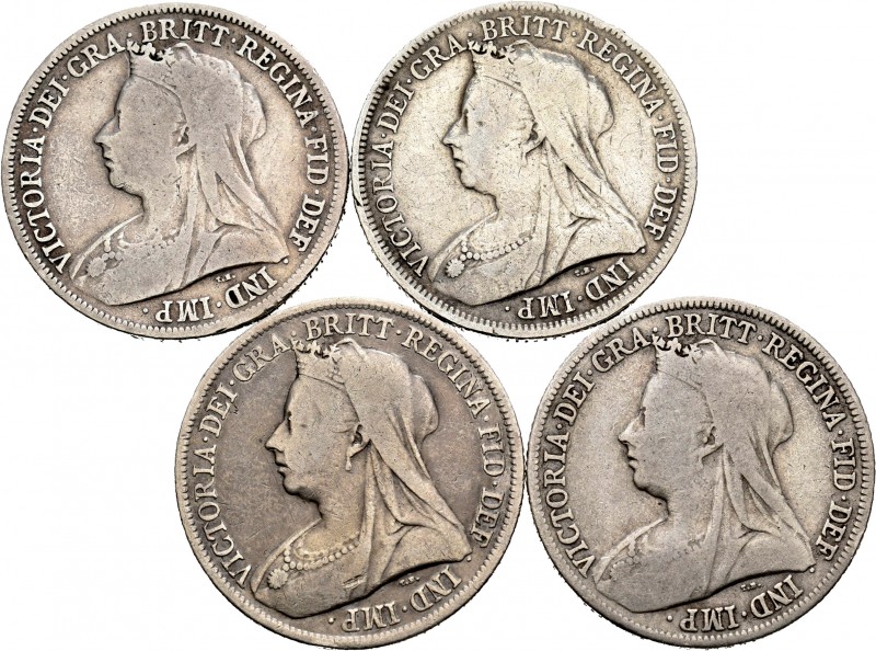 Lote de 4 monedas de Gran Bretaña, 1 Shilling 1895, 1897, 1899 y 1901. Ag. A EXA...