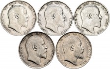Lote de 5 monedas de Gran Bretaña, 1 Shilling 1906 a 1910. Ag. A EXAMINAR. BC+/MBC. Est...60,00.