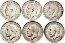 Lote de 6 monedas de Gran Bretaña, 1 Shilling 1911, 1913, 1915 a 1918. Ag. A EXAMINAR. BC+/MBC+. Est...40,00.