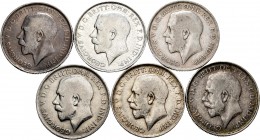 Lote de 6 monedas de Gran Bretaña, 1 Florin 1912, 1914 a 1919. Ag. A EXAMINAR. BC+/MBC+. Est...80,00.