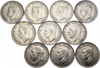 Lote de 10 monedas de Gran Bretaña, 1 Florin 1935, 1936, 1939 a 1946. Ag. A EXAMINAR. MBC-/MBC+. Est...80,00.