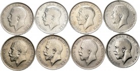 Lote de 8 monedas de Gran Bretaña, 1/2 Crown 1911 a 1919. Ag. A EXAMINAR. BC+/MBC+. Est...140,00.