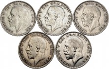 Lote de 5 monedas de Gran Bretaña, 1/2 Crown 1928, 1930, 1931, 1932 y 1936. Ag. A EXAMINAR. MBC-/MBC+. Est...60,00.