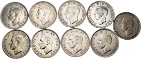 Lote de 9 monedas de Gran Bretaña, 1/2 Crown 1937, 1938, 1939, 1941 a 1946. Ag. A EXAMINAR. MBC-/MBC+. Est...80,00.