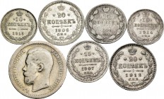 Rusia. Lote de 9 piezas de plata rusas, 1 de 50 kopecks (1897), 2 de 20 kopecks (1906, 1913), 2 de 15 kopecks (1906, 1907), 2 de 10 kopecks (1914, 191...