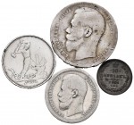 Rusia. Lote de 4 piezas de plata rusas, 1 de 10 kopecks (1901), 2 de 50 kopecks (1897, 1924), 1 rublo (1897). A EXAMINAR. BC+/MBC+. Est...50,00.