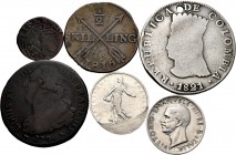 Conjunto de 6 monedas muncdiales diferentes, 5 lire 1927, 1 franc 1919, 2 sols 1799, 8 reales cundinamarca 1821 (agujero), 1/2 skilling 1815 y 1 diner...