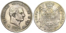 Italy, Napoleon I
Roi d'Italie 1805-1814
5 Lire, Milano, 1810, AG
Ref : Pag. 28
Conservation : nettoyage sinon Superbe