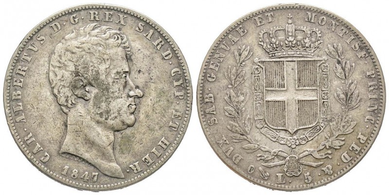 Italy
Carlo Alberto 1831-1849
5 Lire, 1847, Genova, AG 24.58 g.
Ref : MIR 1047aj...