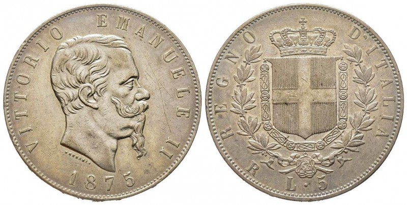 Italy
Vittorio Emanuele II. 1849-1861.
5 Lire 1875 Roma, AG 25 g. 
Ref : MIR 108...
