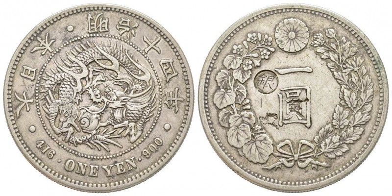 Japan, Mutsuhito
Meiji 1868-1912 
1 yen, 1881, Year 14, Osaka, AG 26.85 g.
Ref :...