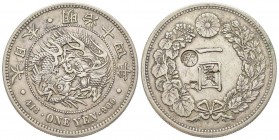Japan, Mutsuhito
Meiji 1868-1912 
1 yen, 1881, Year 14, Osaka, AG 26.85 g.
Ref : Y-28a.5, countermarked 
Conservation : TTB+