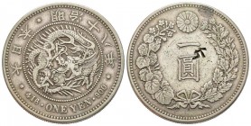 Japan, Mutsuhito
Meiji 1868-1912 
Yen 1885, Year 18, AG 26.78 g. 
Ref : KM#A 25.2, countermarked
Conservation : TTB