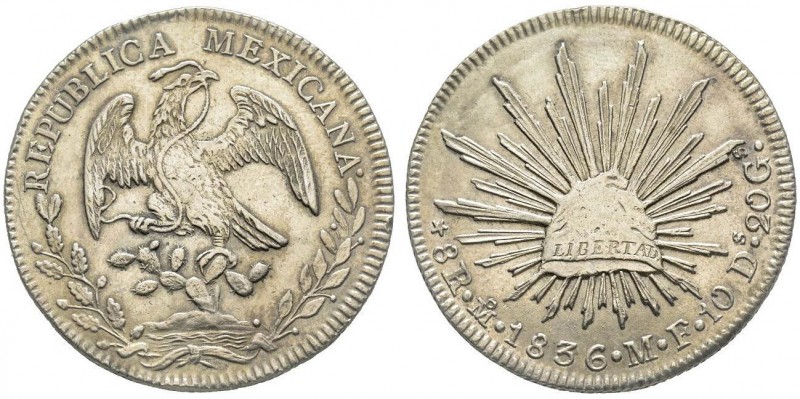 Mexico
Repubblica 1823-1864
8 Reales, 1836, AG 26.92 g.
Ref : KM#377.10
Conserva...
