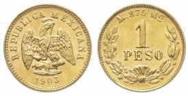 Mexico
Seconda Repubblica 
1 Peso, 1903, AU 1.66 g.
Ref : KM#410.5, Fr. 157
Conservation : SUP-FDC