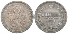 Russia
Alexander II 1855-1881
Poltina, St. Peterburg 1878 SPB-NF, AG 10.36 g.
Ref : Bitkin 127
Conservation : traces de nettoyage sinon Superbe