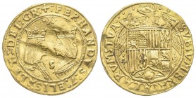 Fernando II et Isabella (Reyes Católicos) 1474-1504
Doble excelente, Sevilla, AU 7 g.
Ref : Fr. 129, Calicò 733 var., Tauler 193 Conservation : TB-TTB...