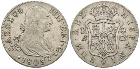 Spain
Carlo IV 1788-1808
8 Reales, 1803, AG 26.71 g.
Ref : KM1432.2, CC-12577
Conservation : pr.TTB