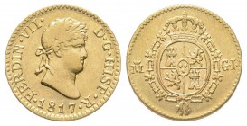 Spain
Ferdinando VII 1808-1833
1/2 Escudo, 1817, AU 1.78 g.
Conservation : TTB