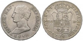 Spain
Joseph Napoleon 1808-1814
20 reales, Madrid, 1810 M, AL-AG 27 g.
Ref : Cal. 37, KM#551.2
Conservation : TTB+