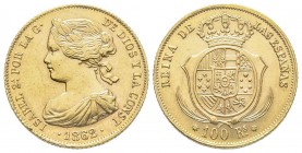 Spain
Isabella II 1833-1868
100 Reales, 1862, AU 8.36 g.
Conservation : Superbe