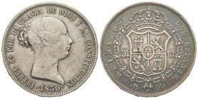 Spain
Isabella II 1833-1868
20 Reales, 1850 CL, Madrid, AG 26 g.
Conservation : TB/TTB. Rare